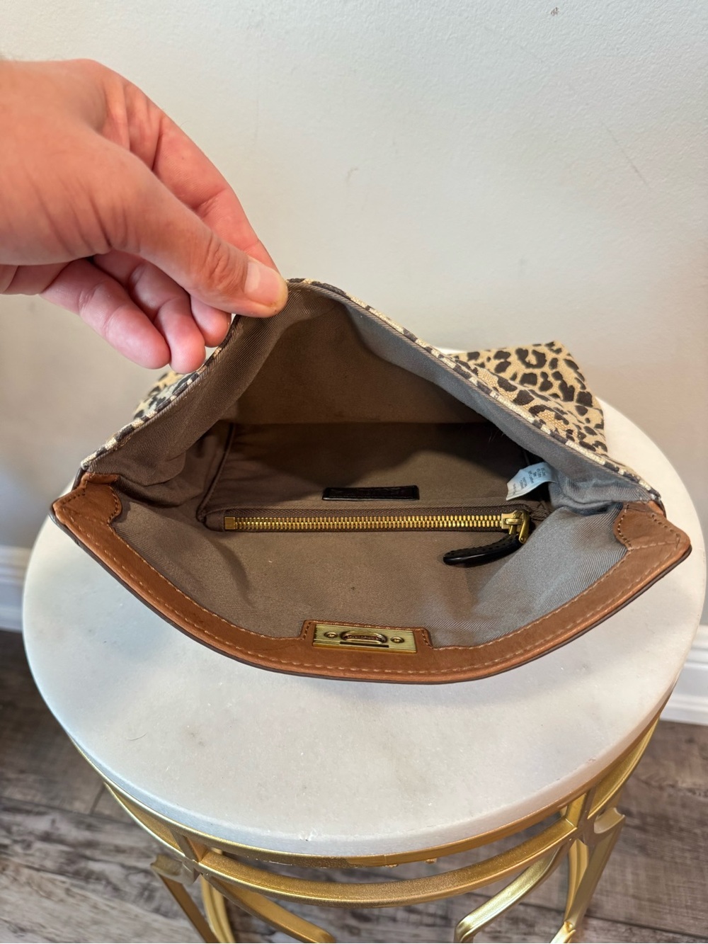 J. Crew Leopard Print Canvas Clutch with Brown Trim and Gold Hardware - Picture 4 of 10